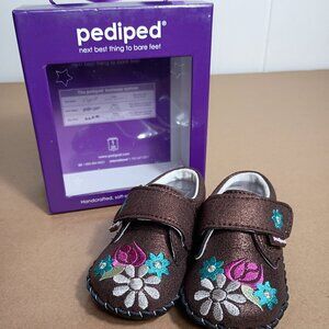 Pediped Olivia Brown Shimmer Girls Shoes Small 6-12 Months Floral Walker Leather
